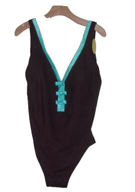 It Figures! One Piece Swimsuit Sz. 22W Chocolate Blue Tummy Thinner New NWT